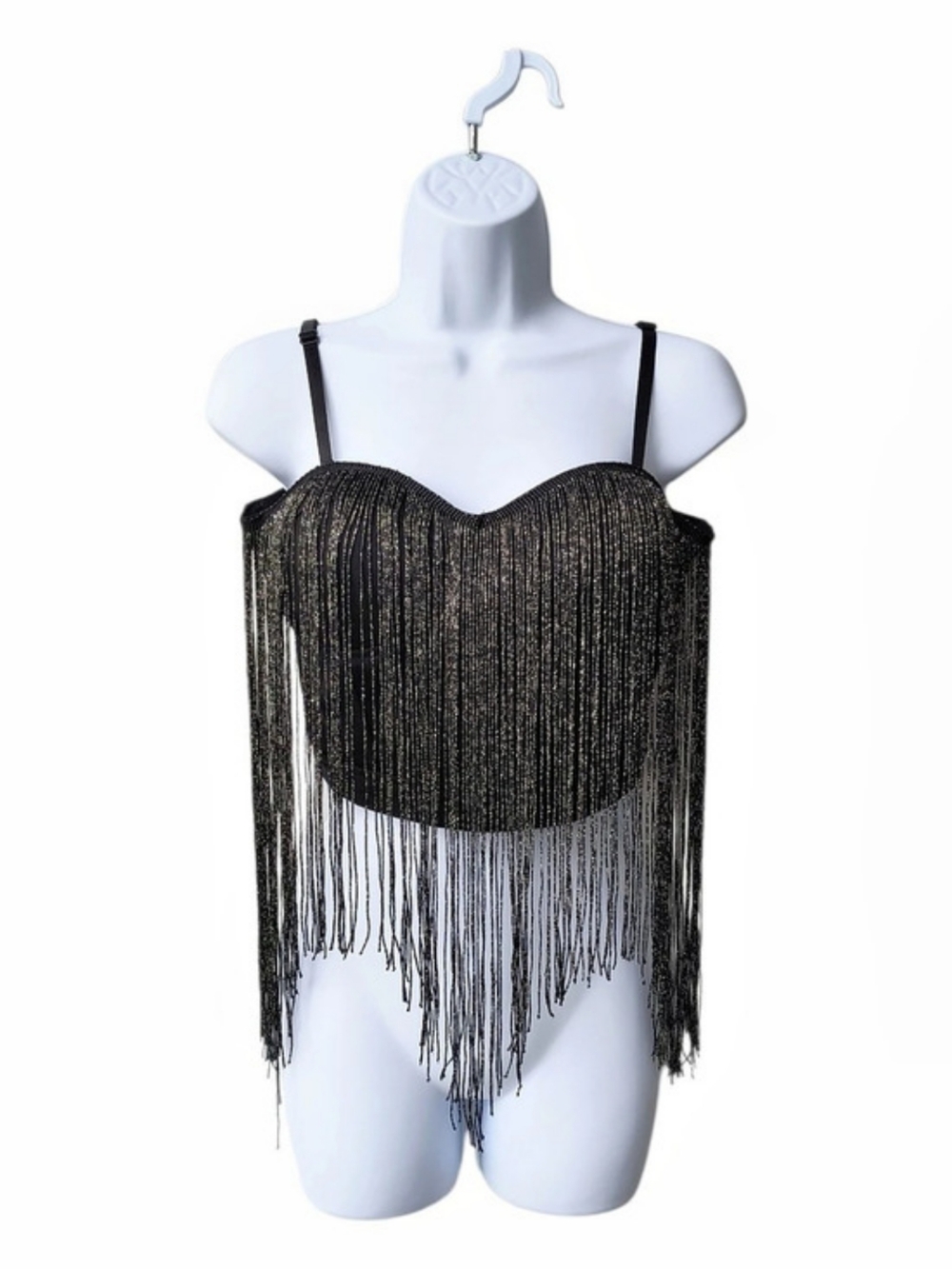 Say What Black Metallic Fringe Festival Party Concert Crop Convertible Bra Top L